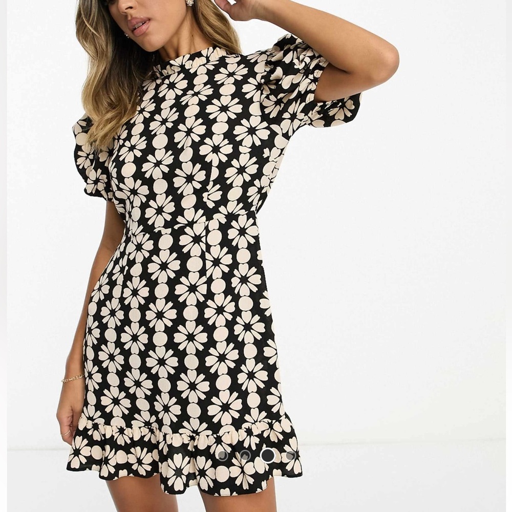 Black Mini Dress with Cream Floral Print